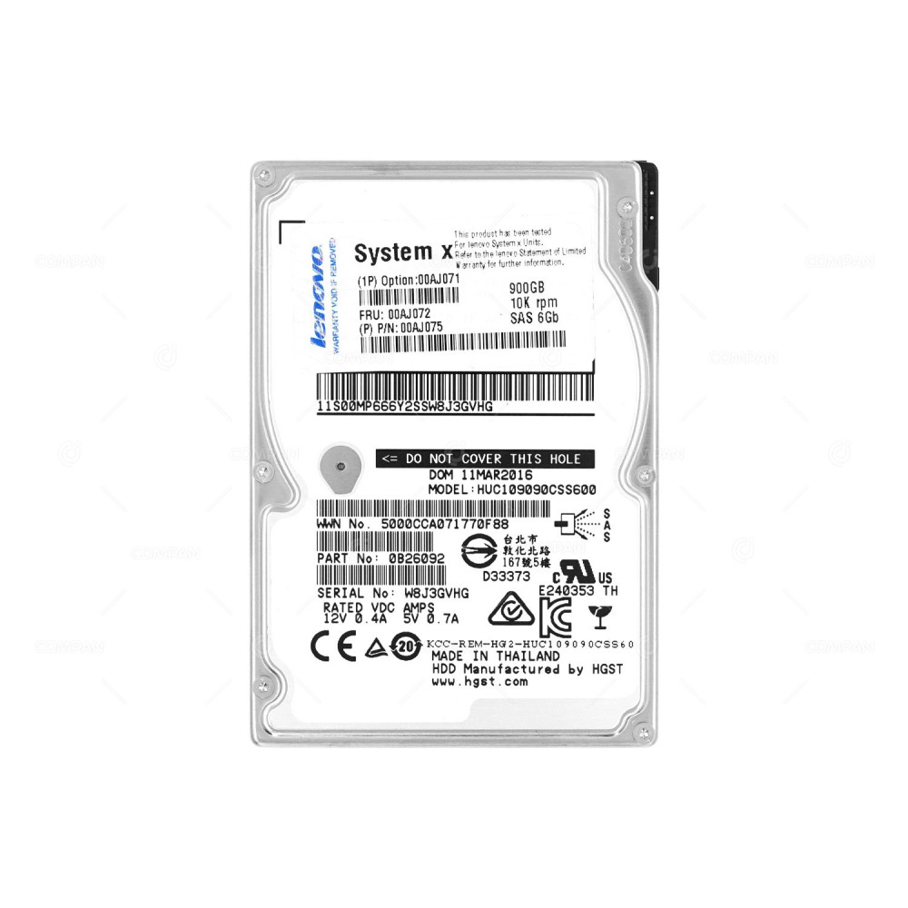 00AJ072 IBM 900GB 10K 6G SAS 2.5 SFF HOT-SWAP NO CADDY 00AJ071, 00AJ075, HUC109090CSS600, AL13SEB900