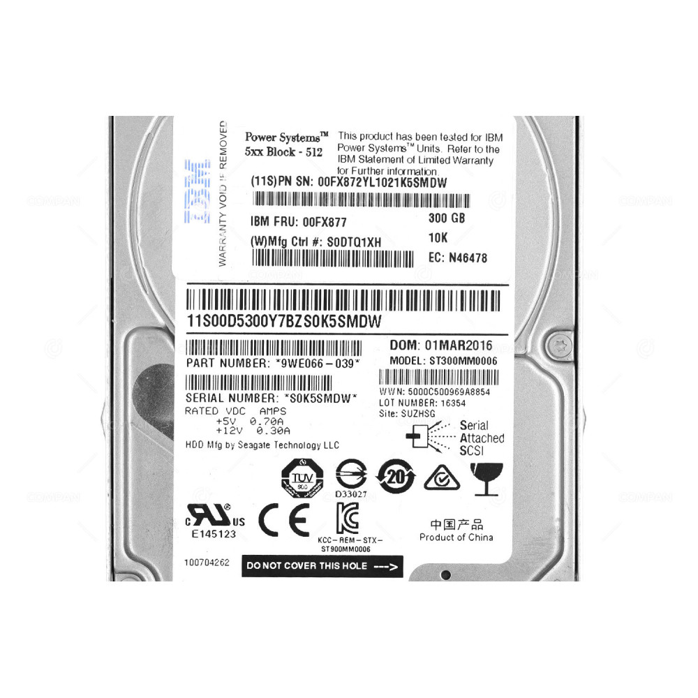 00FX877 IBM HARD DRIVE 300GB 10K 6G SAS 2.5 SFF-3 FOR POWER 8 PSERIES -