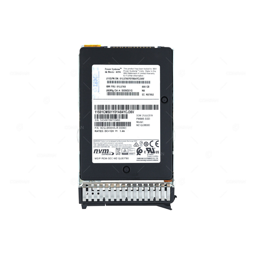 01LU763 IBM 800GB NVME U.2 LOW PROFILE DRIVE FOR E950 PSERIES POWER9 PM985, MZ-QLB8000, 59B4