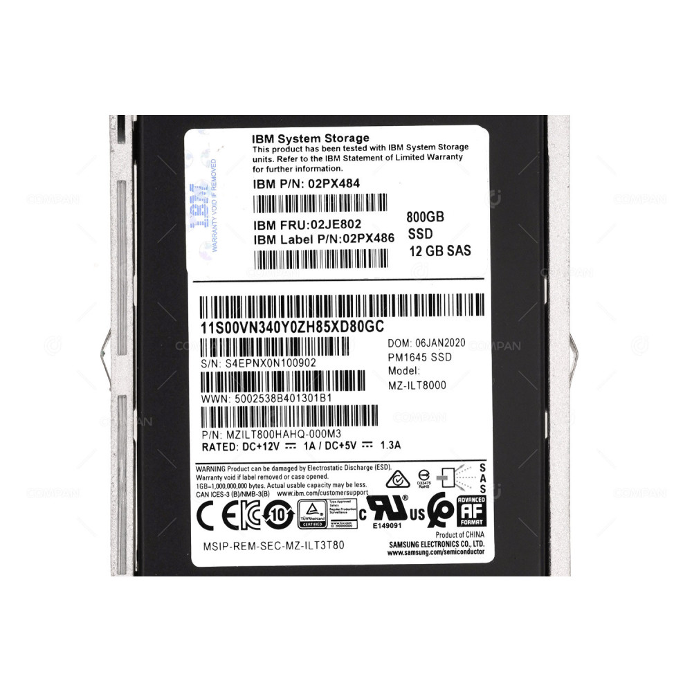 02JE802 800GB SSD  12GB SAS FOR IBM STORWIZE V7000 02PX484, 02PX486, MZ-IL T8000,  PM1645, MZILT800HAHQ-000M3