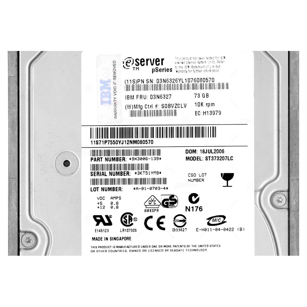 03N6327 IBM 73GB 10K ULTRA320 80 PIN SCSI DISK DRIVE -