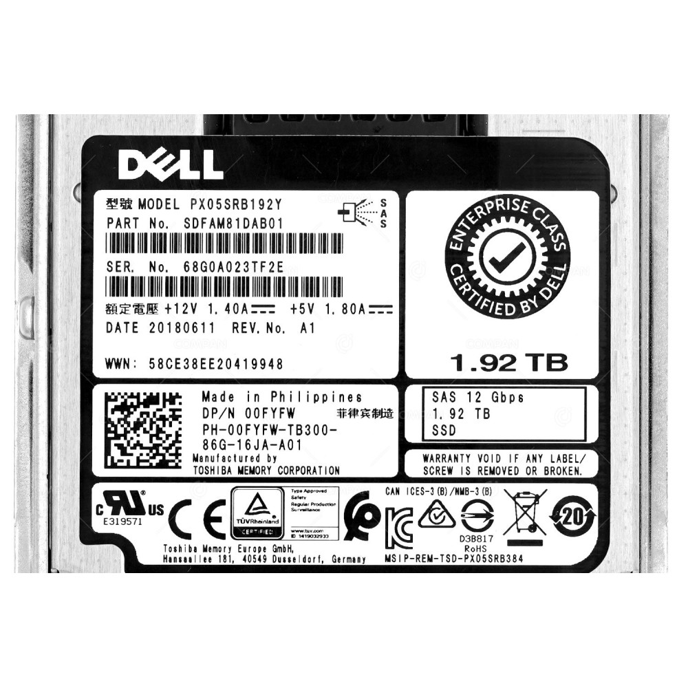 0FYFW G14 DELL 1.92TB 12G SAS 2.5 SFF SSD 00FYFW, PX05SRB192Y