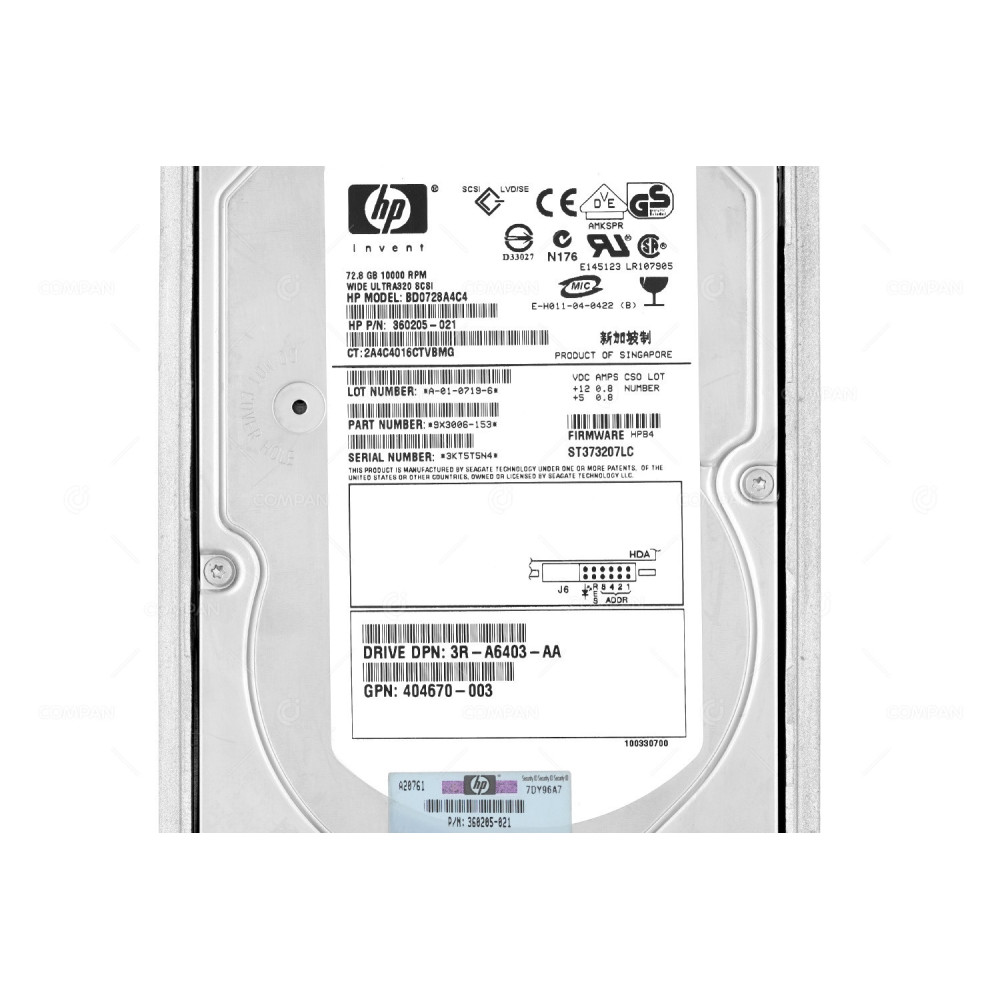 360205-021 HP HARD DRIVE 72.8GB 10K U320 SCSI 3.5 LFF HOT-SWAP 404670-003