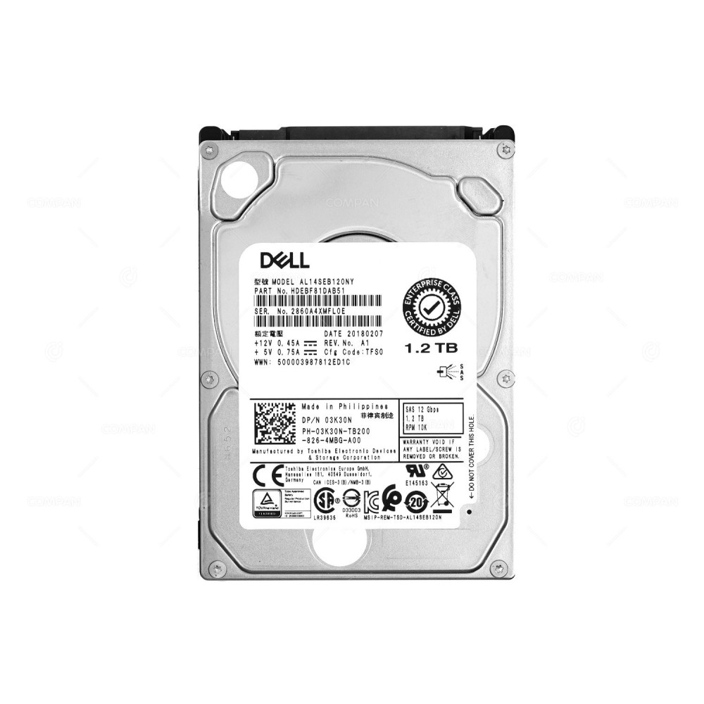 3K30N-G14 LFF DELL HARD DRIVE 1.2TB 10K 12G SAS 2.5 SFF IN 3.5 HOT-SWAP 03K30N, AL14SEB120NY