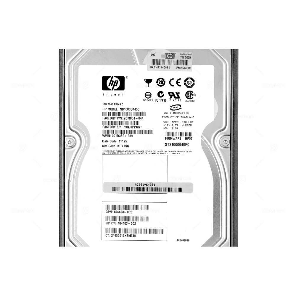 454414-001 HARD DRIVE SEAGATE 1TB 7,2K 3,5 FC NB1000D4450, 9BM004-044, 40, ST31000640FC