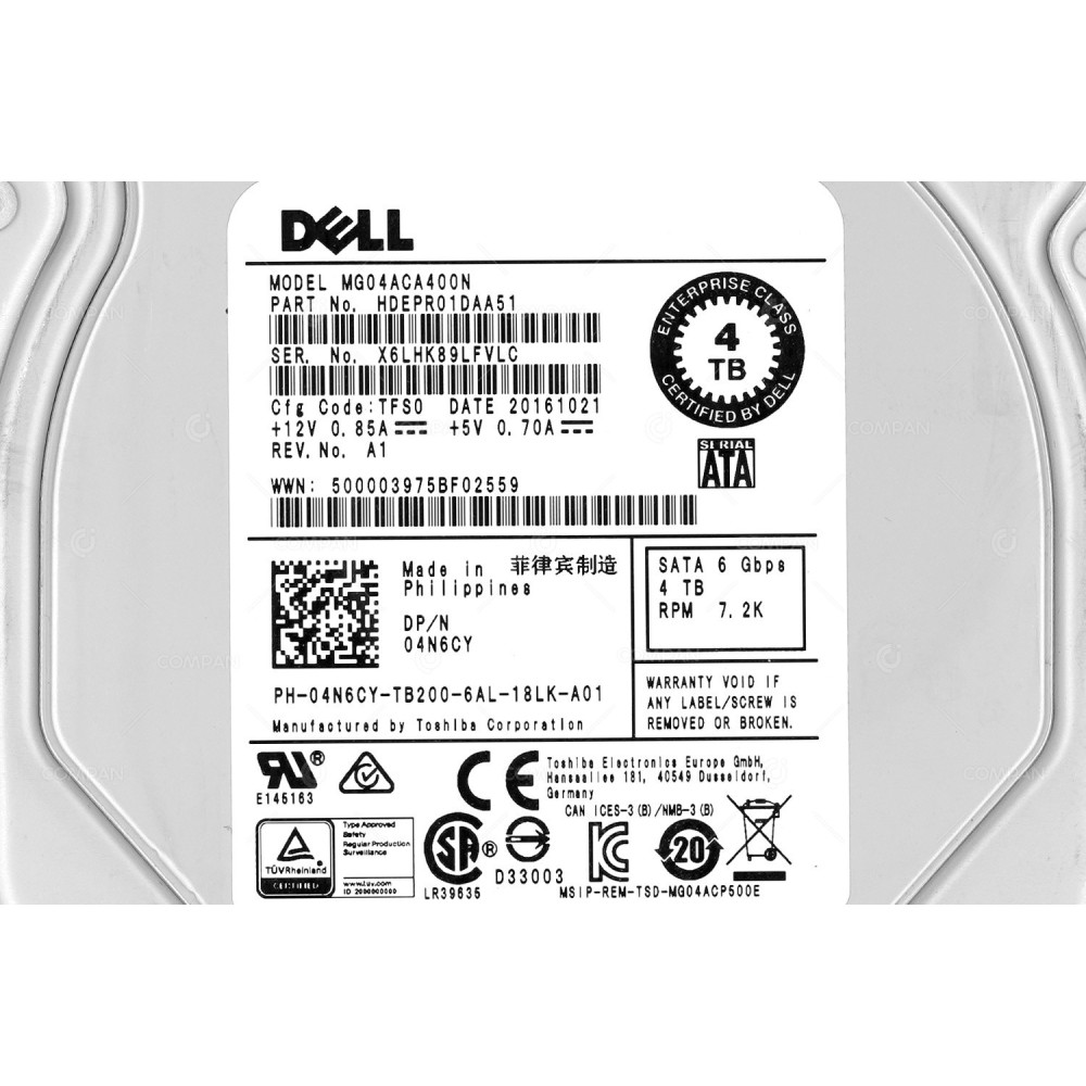 4N6CY DELL 4TB 7.2K 6B SATA 3.5" HARD DRIVE HDEPRO01DAA51, MG04ACA400N