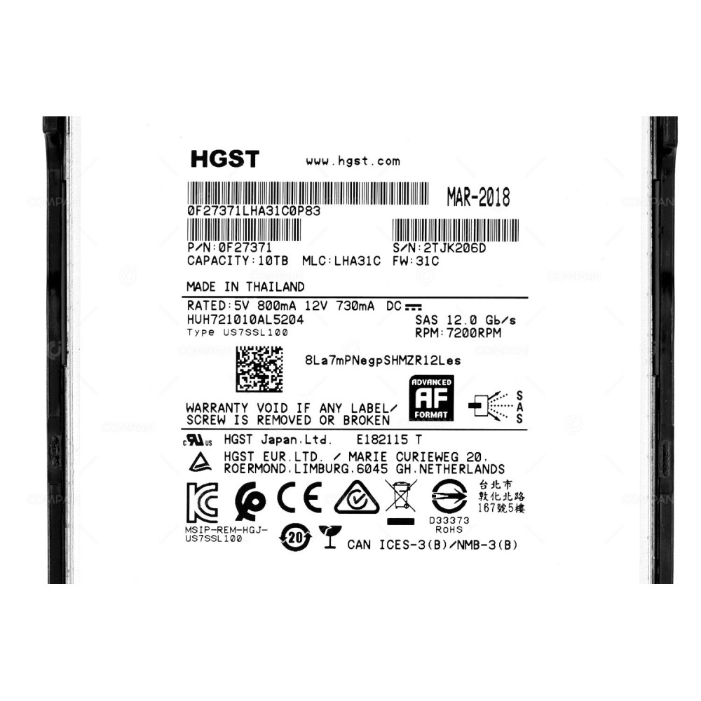 5562396-A HITACHI 10TB 7.2K 12G SAS 3.5 LFF HARD DRIVE R2H-H10RSS, HUH721010AL5204