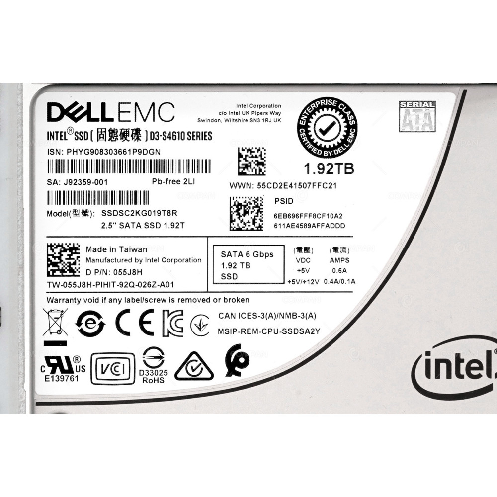 55J8H G14 DELL 1.92TB 6G SATA SSD 2.5 IN 3.5 G14 055J8H, SSDSC2KG019T8R