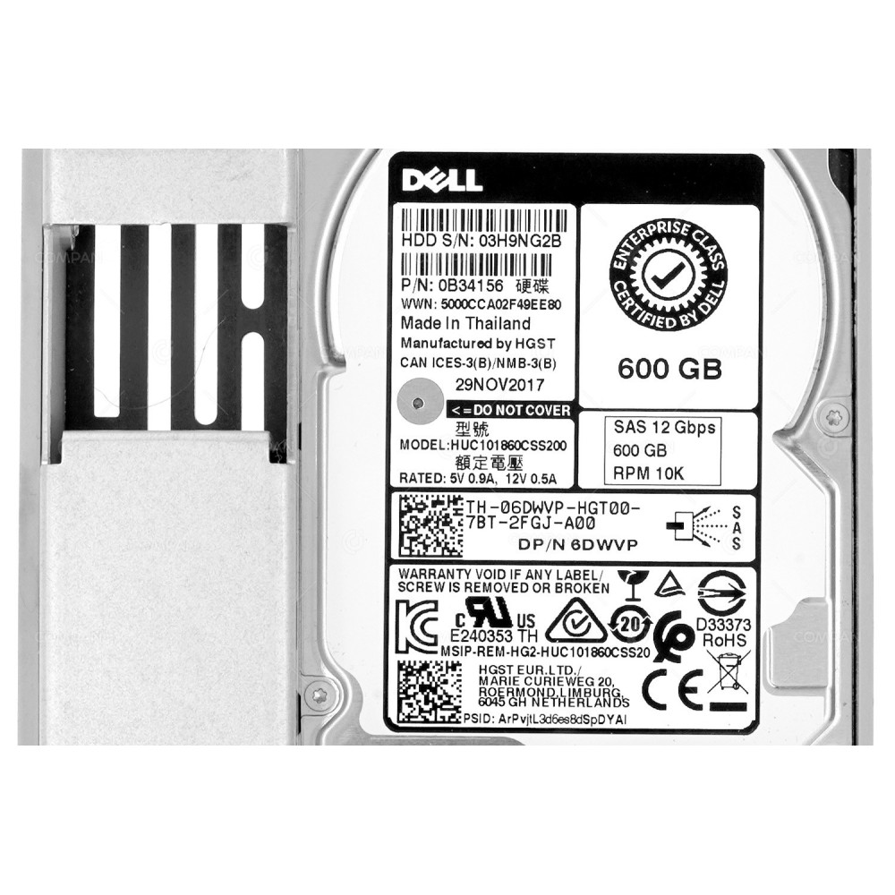 6WYDP DELL HARD DRIVE 600 GB 10K 6G SAS 2.5 SFF IN 3.5 LFF G11 G12 G13 06WYDP, HUC101860CSS200