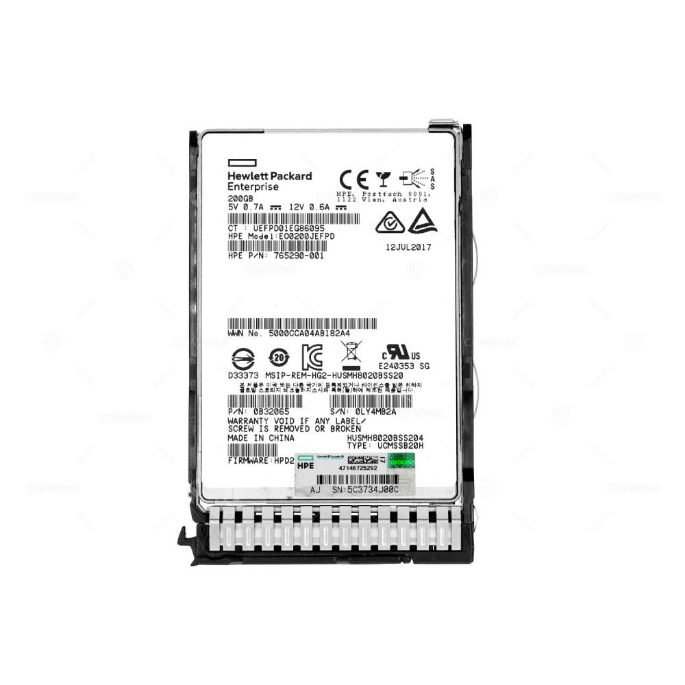 802905-001 HP 200GB 12G SAS SSD 2.5 SFF WI SC DRIVE 765290-001, 0B32065, HUSMH8020BSS204, 802578-B21