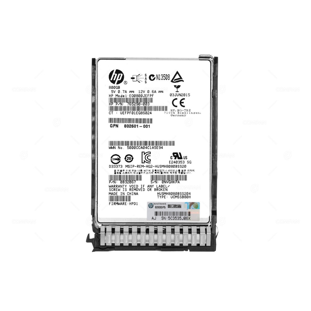 802909-001 HP 800GB 12G SAS 2.5 SFF SSD FOR G8 G9 G10 802601-001, 765290-003, 802586-B21, HUSMH8080BSS204