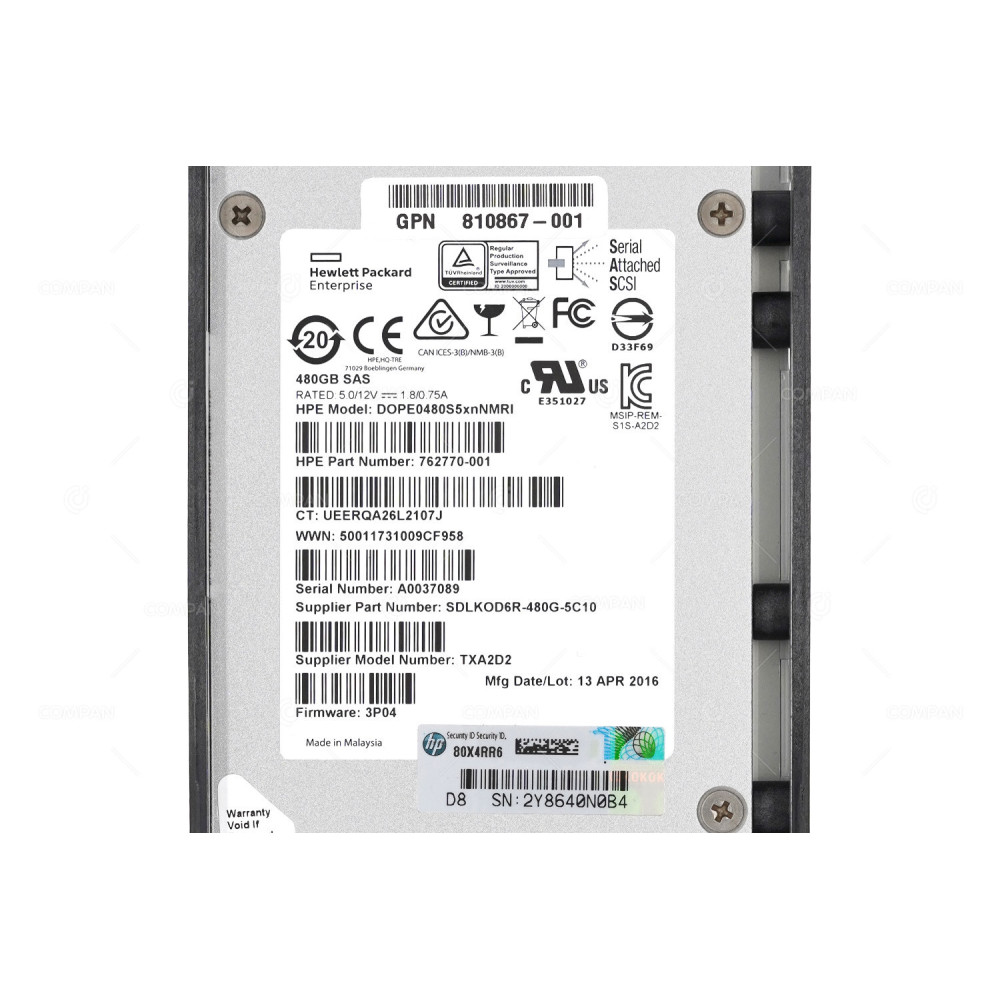 810770-001 HP 480GB 6G 3PAR SAS CMLC 2.5 SFF HOT-SWAP FOR STORESERV 8000 810867-001, 762770-001, TXA2D2