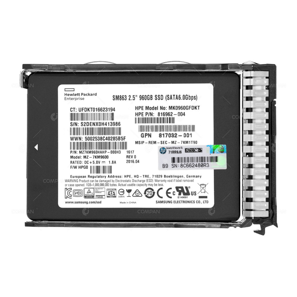 817111-001 HP 960GB 6G SATA 2.5 SFF HOT PLUG SSD 816962-004, MZ-7KM9600