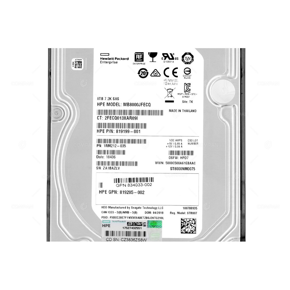 834132-001 HP 8TB 7.2K 12G SAS 3.5 LFF HARD DRIVE 819199-001, 1RM212-035, ST8000NM0075