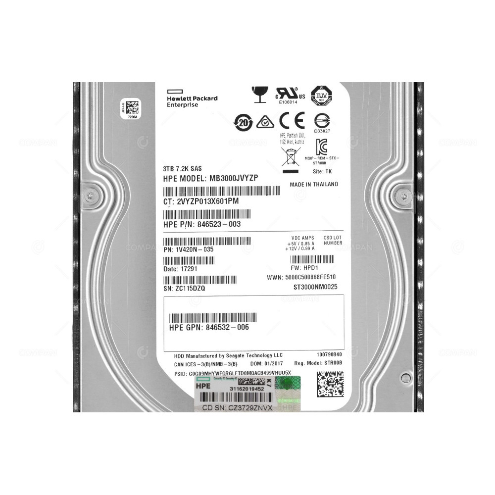846614-001 HP HARD DRIVE 3TB 7.2K 6G 3.5 LFF SAS G8 G9 G10 846523-003, 846532-006, ST3000NM0025, 846528-B21