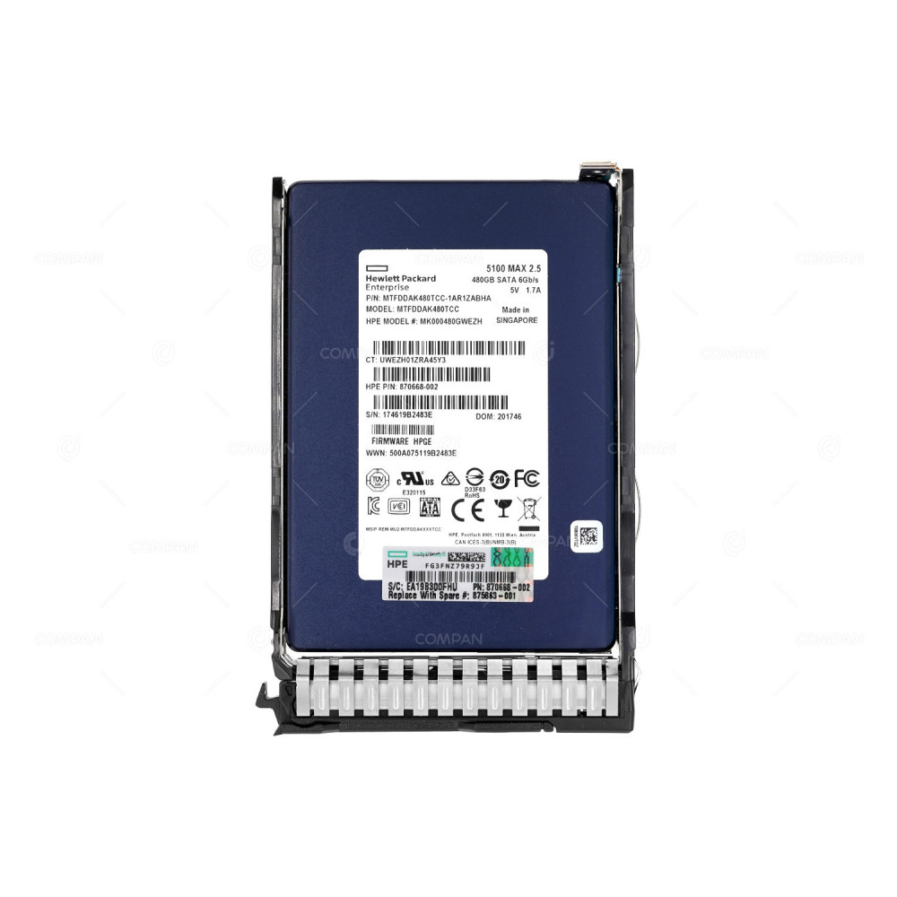 875863-001 HP 480GB 6G SATA 2.5 SFF SSD 870668-002, MTFDDAK480TCC