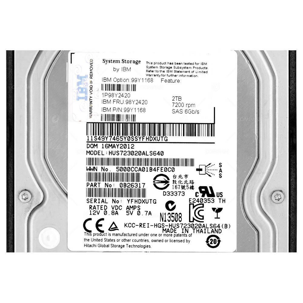 98Y2420 IBM XYRATEX HARD DRIVE 2TB 7.2K 6G SAS 3.5 LFF HOT-SWAP FOR HS-1235T 99Y1168, 0974866-02, 49Y7465