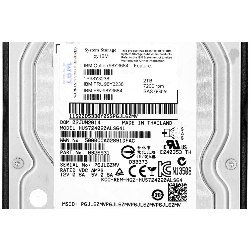 98Y3684 IBM HARD DRIVE 2TB 7.2K 6G 3.5 LFF SAS FOR HS-1235T 0990989-02,98Y3238, HUS724020ALS641