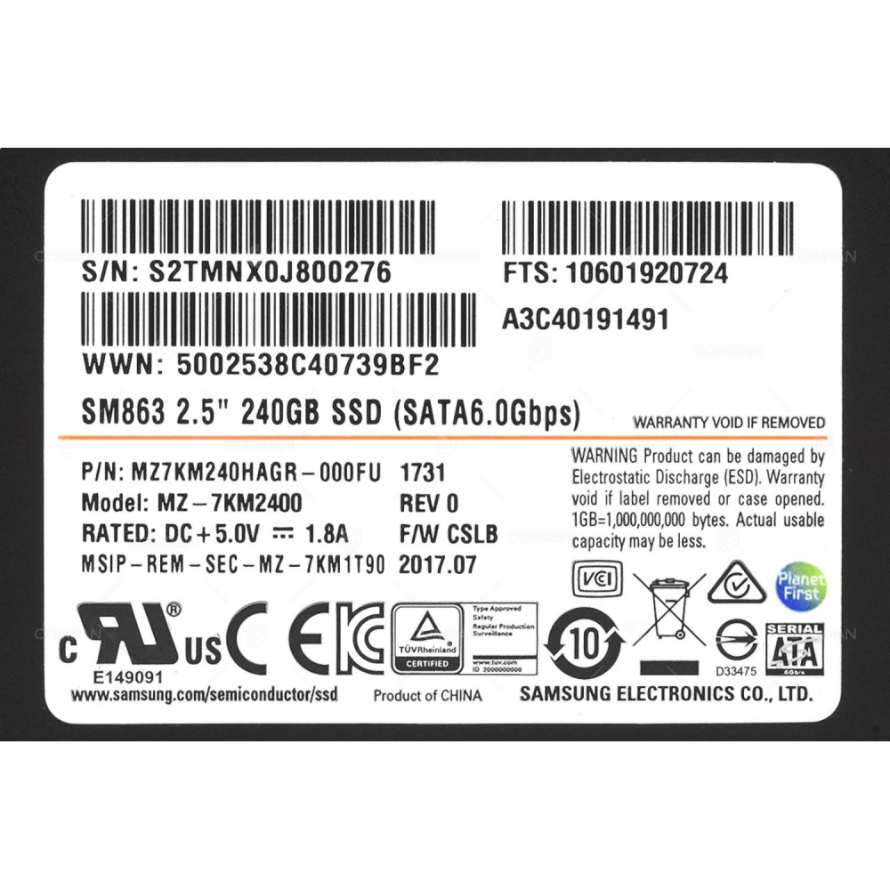 A3C40191491 FUJITSU 240GB 6G SATA 2.5 SFF SM863 SSD MZ-7KM2400, MZ7KM240HAGR-000FU