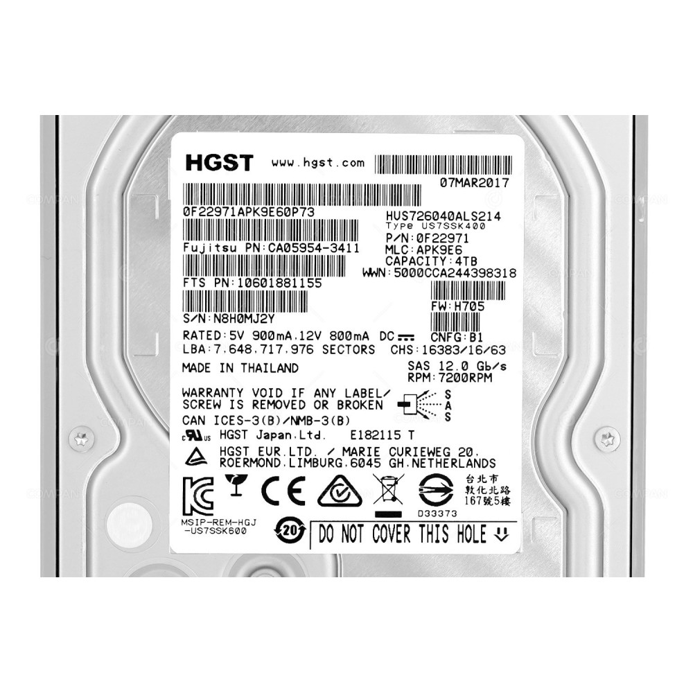 CA07670-E164 FUJITSU 4TB 7.2K 12G SAS 3.5 LFF HARD DRIVE FOR DX S3 S800 S6 HUS726040ALS214, CA05954-3411, 10601881155