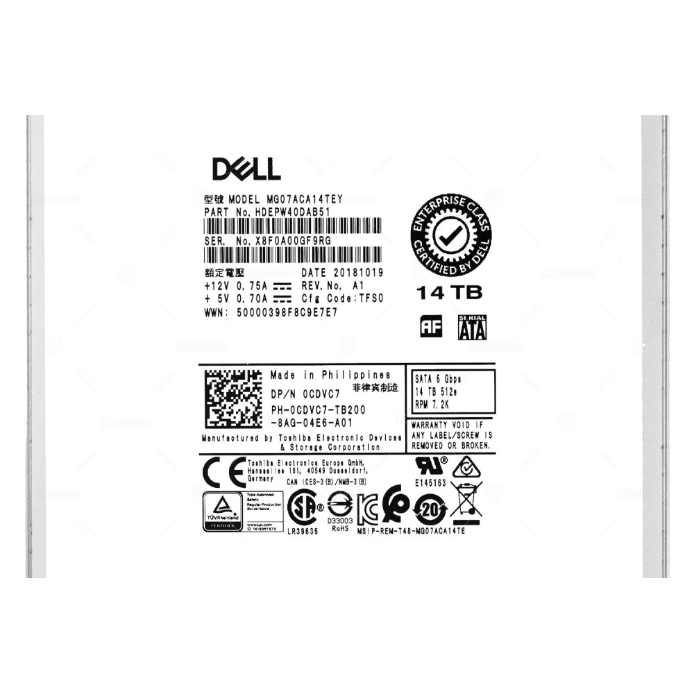 CDVC7 NO CADDY DELL HDD 14TB 7.2K SATA 6G 3.5" LFF FOR POWEREDGE R740XD