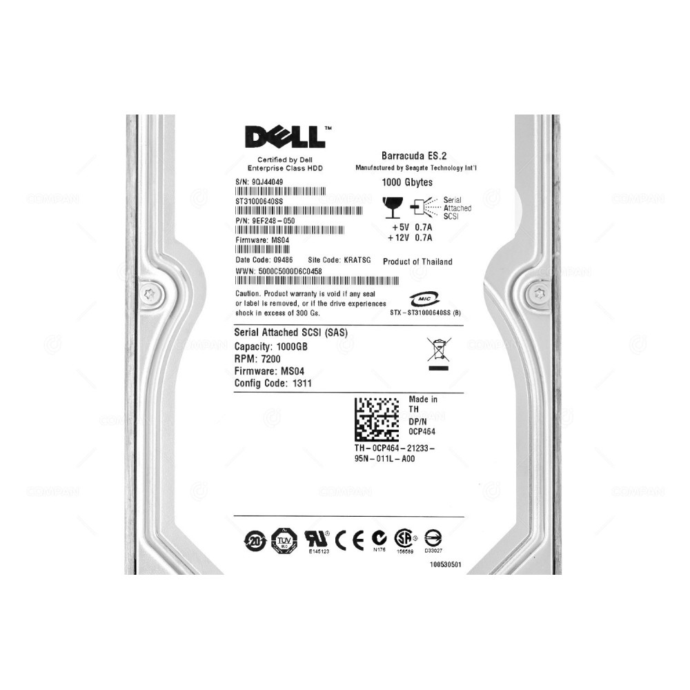 CP464 DELL HARD DRIVE 1TB 3G 7.2K SAS 3.5 LFF G11 G12 G13 0CP464, 9EF248-050, ST31000640SS