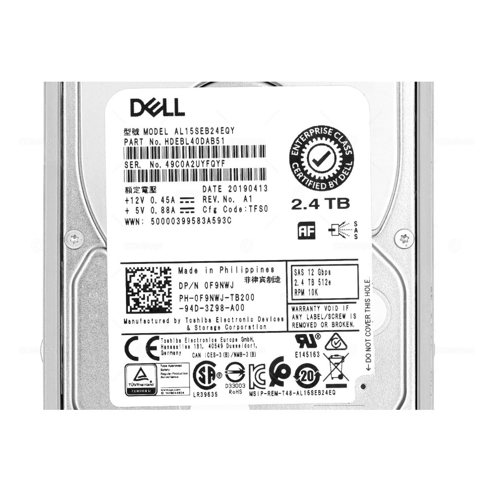 F9NWJ DELL HARD DRIVE 2.4TB 10K 12G SAS 512E 2.5 SFF 0F9NWJ, AL15SEB24EQY, HDEBL40DAB51