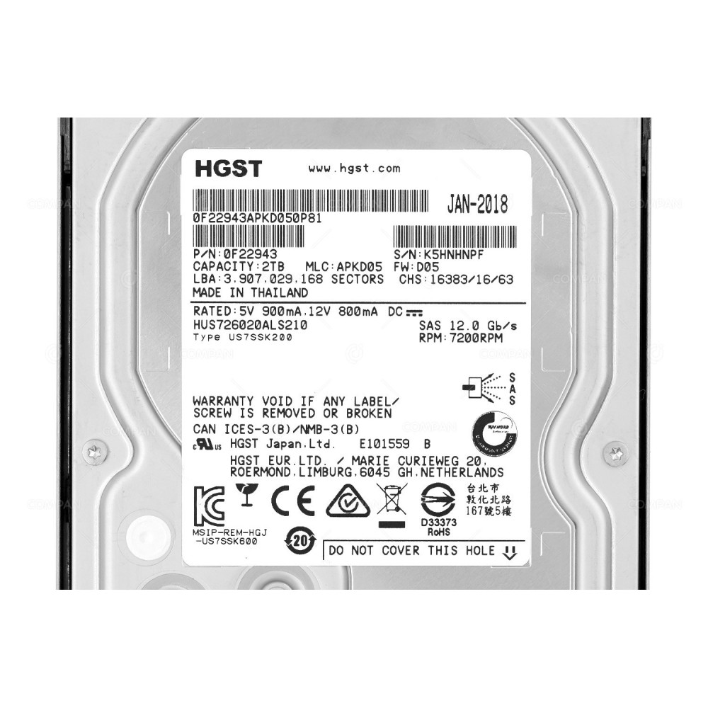 HUS726020ALS210-NIMBLEES3 HPE HARD DRIVE 2TB 7.2K 12G 3.5 LFF SAS FOR NIMBLE STORAGE ES3 HUS726020ALS210, 0F22943