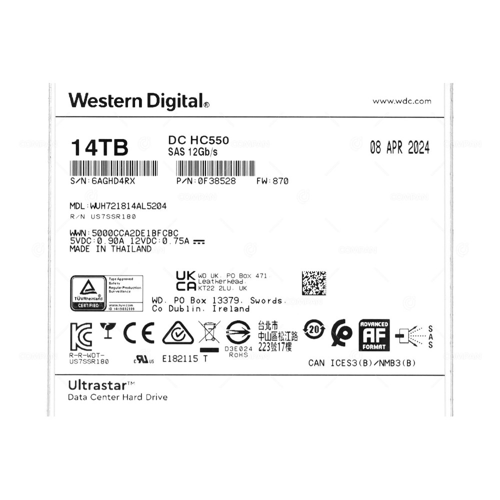 WUH721814AL5204  WD ULTRASTAR DC HC550 14TB 12G SAS 7.2K 512E 3.5 LFF 512MB CACHE HDD