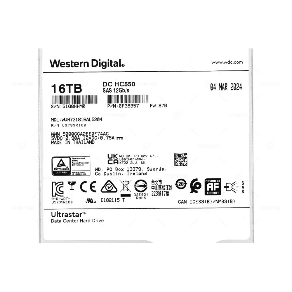 WUH721816AL5204  WD ULTRASTAR DC HC550 16TB 12G SAS 7.2K 512E 3.5 LFF 512MB CACHE HDD