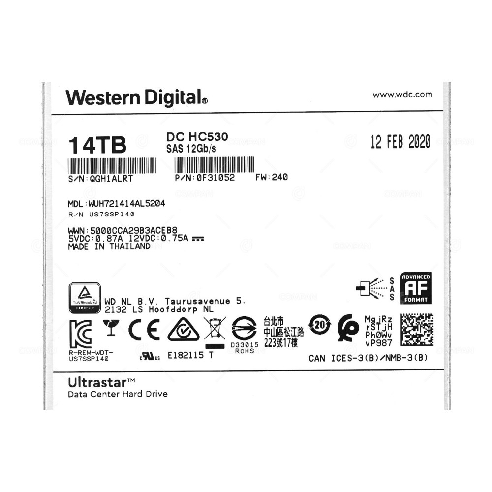 WUH721414AL5204  WD ULTRASTAR DC HC530 14TB 12G SAS 7.2K 512E 3.5 LFF 512MB CACHE HDD