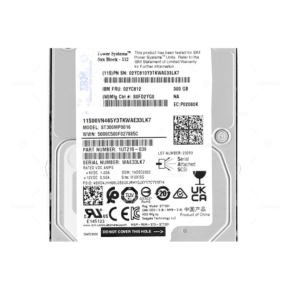 02YC612  IBM 300GB 15K 12G SAS 2.5 SFF HDD FOR PSERIES POWER9