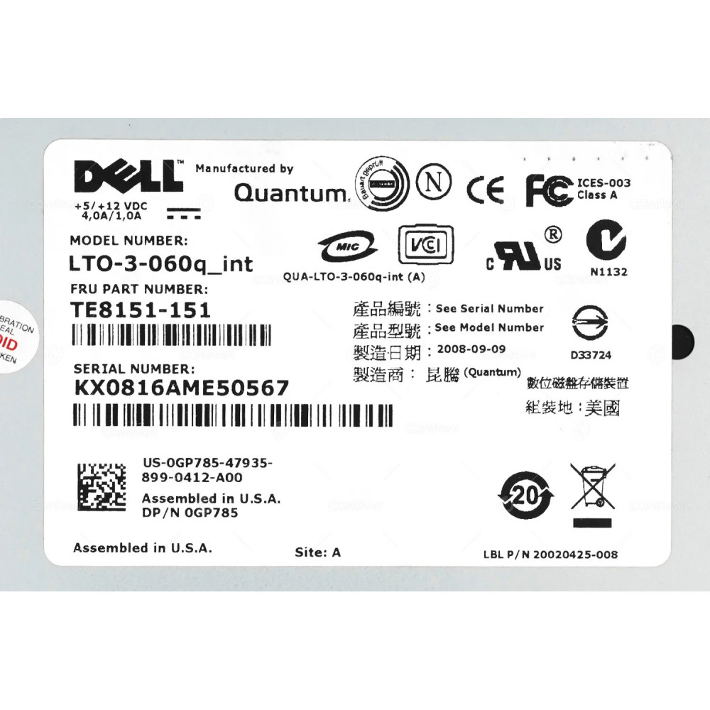 TE8151-151 DELL LT03 400/800GB INTERNAL TAPE DRIVE LTO-3-060 GP785 LTO-3-060Q_INT, 899-0412-A00, D33724