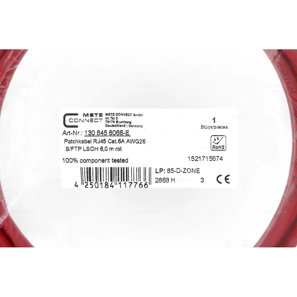4250184117766  PATCH CORD RJ45 CAT.6A AWG26 6M RED