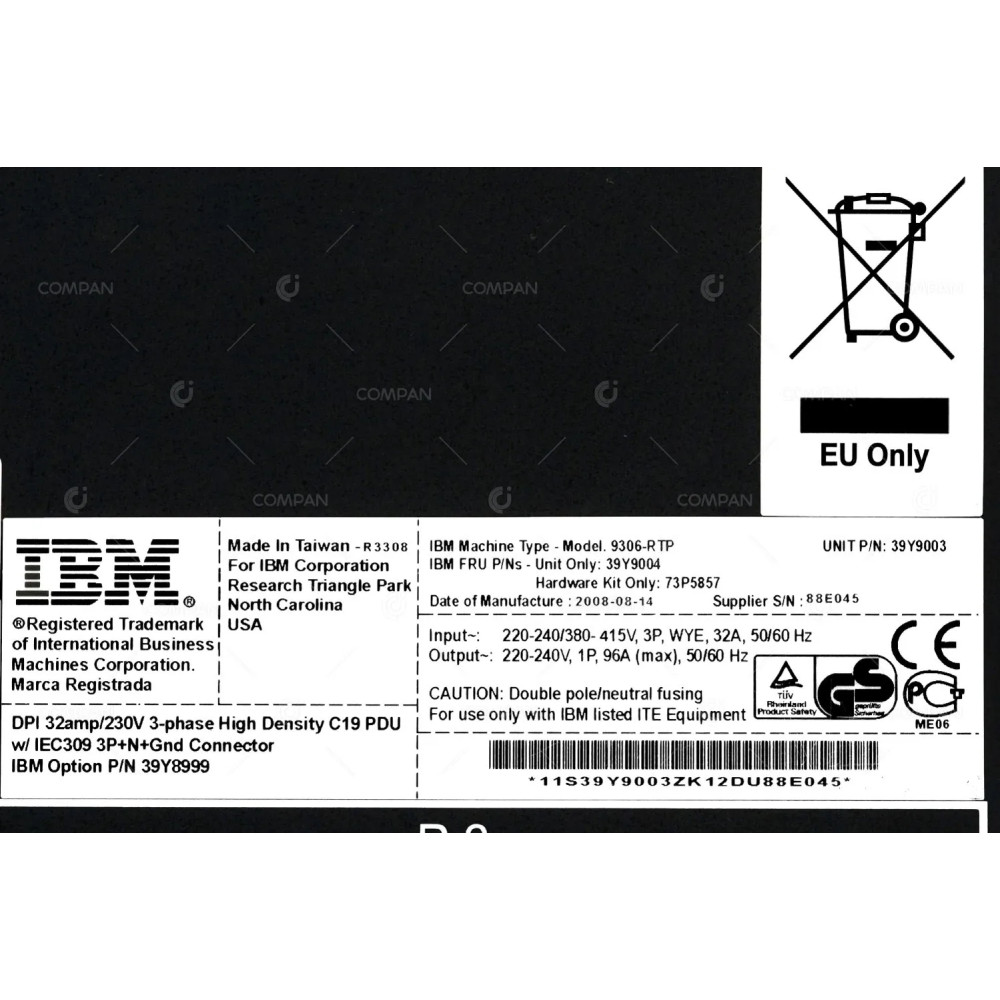 39Y9004 IBM PDU INPUT 3PHASE OUTPUT 12X C19 WITHOUT PLUG