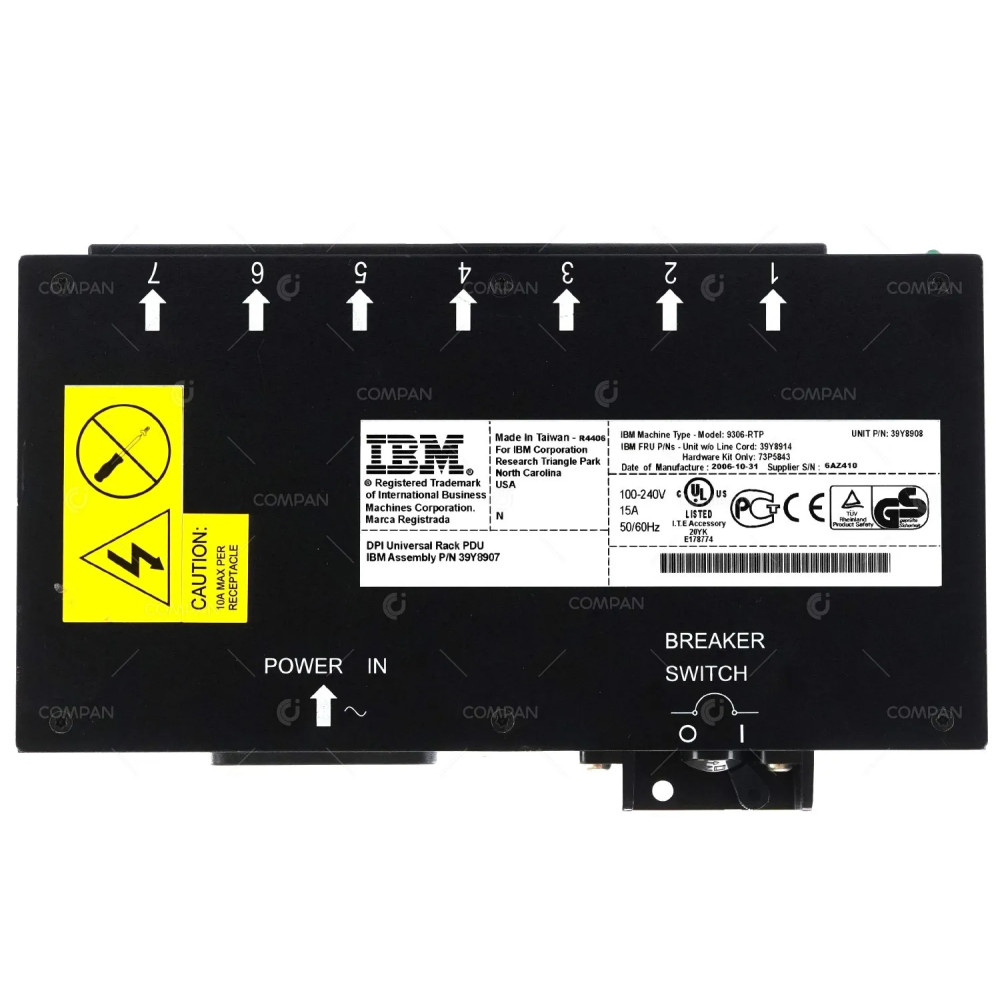 39Y8914 IBM PDU INPUT 1X C20 OUTPUT 7X C13 39Y8908, 73P5843, 39Y8907, 9306-RTP