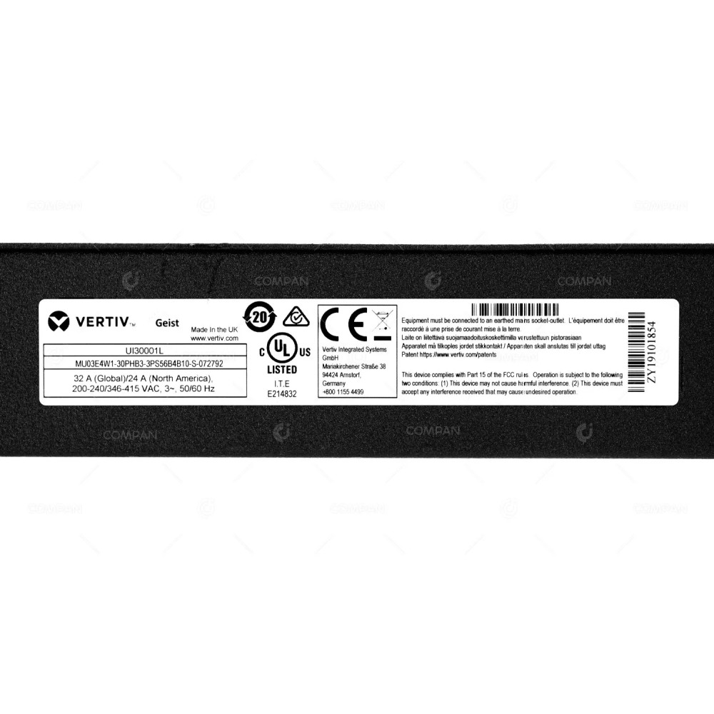 UI30001L VERTIV GEIST UI30001L 18X C13 12X C19 32A 3 PHASE PDU MU03E4W1-30PHB3-3PS56B4B10-S-072792