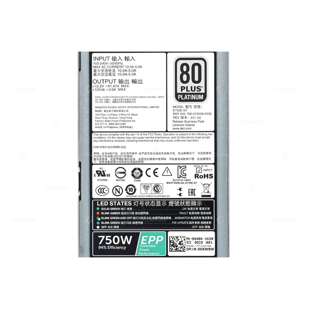 0XW8W DELL 750W PSU FOR R630 R730 R730XD R540 R640 R740 R940 T430 T630 G13