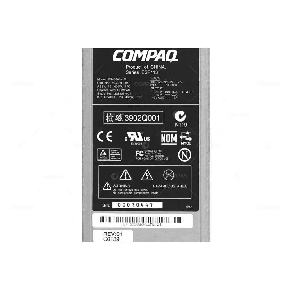 228509-001 HP 400W POWER SUPPLY FOR HP PROLIANT DL380 G2 G3