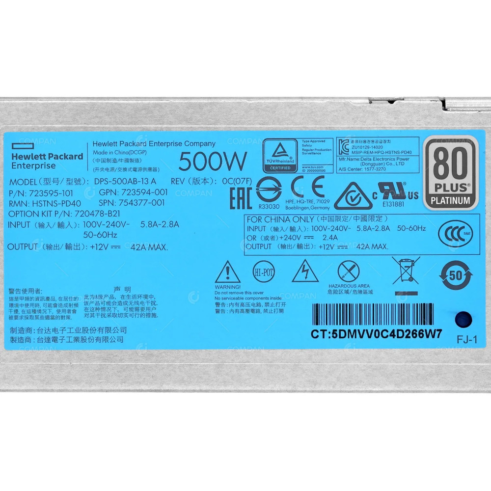 754377-001 HP 500W POWER SUPPLY PLATINUM FOR HP PROLIANT DL360 DL380 G9