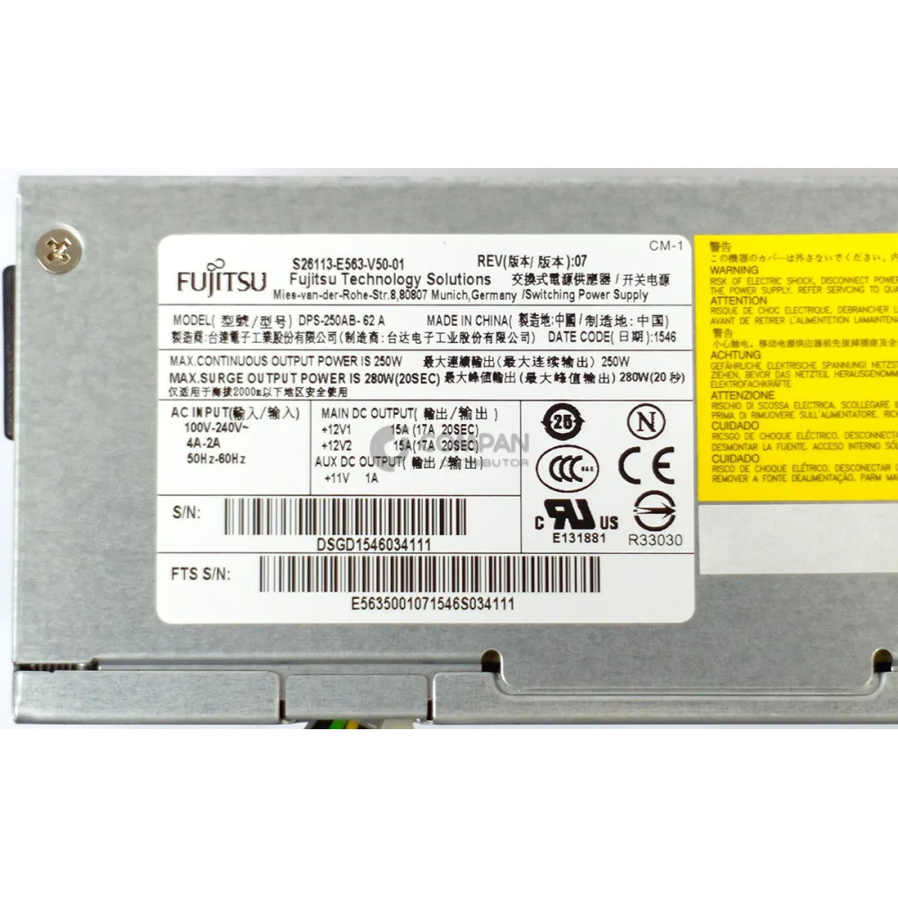 S26113-E563-V50-01 FUJITSU 250W POWER SUPPLY 85 PLUS FOR ESPRIMO TX1310 TX100