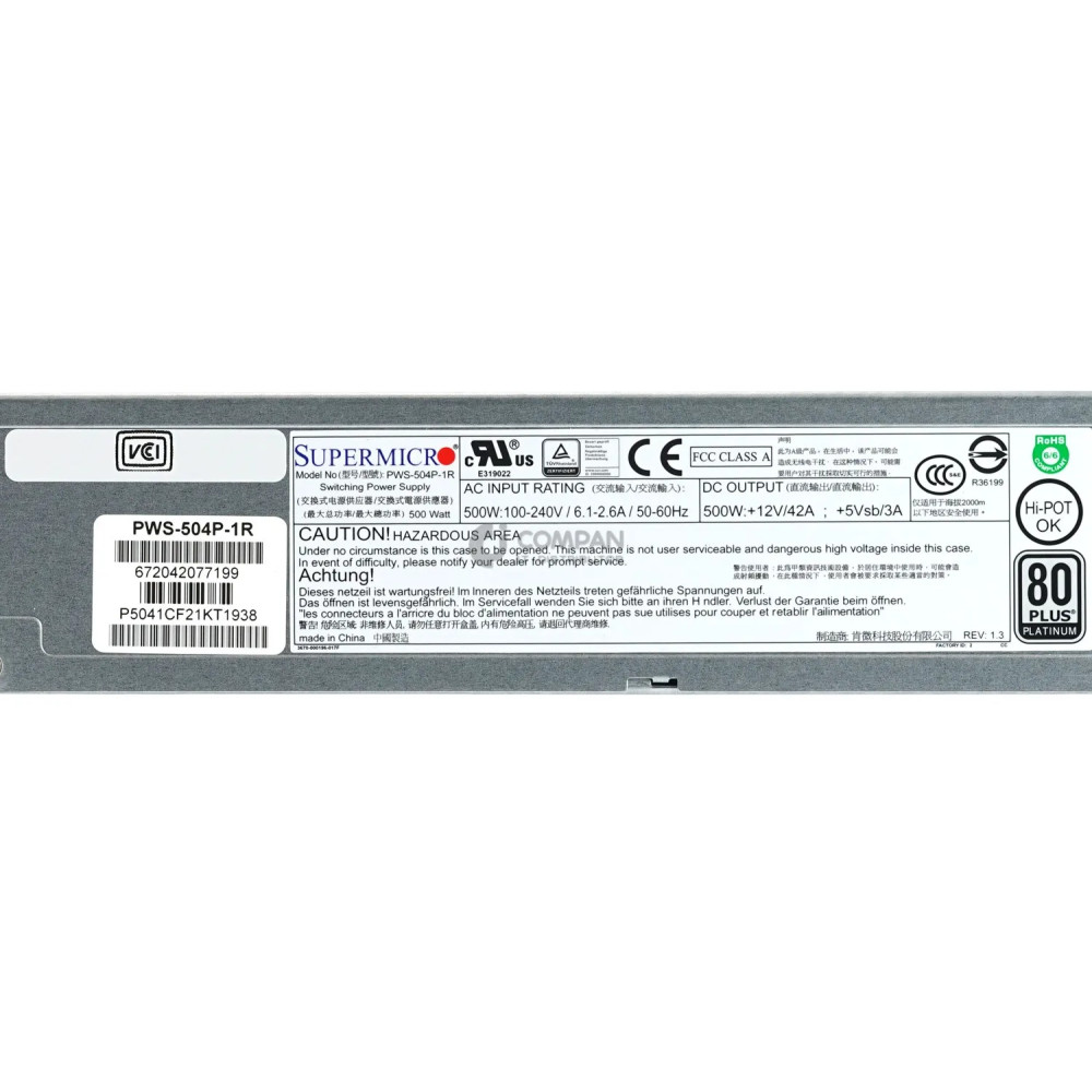PWS-504P-1R SUPERMICRO 500W 80PLUS PLATINUM POWER SUPPLY
