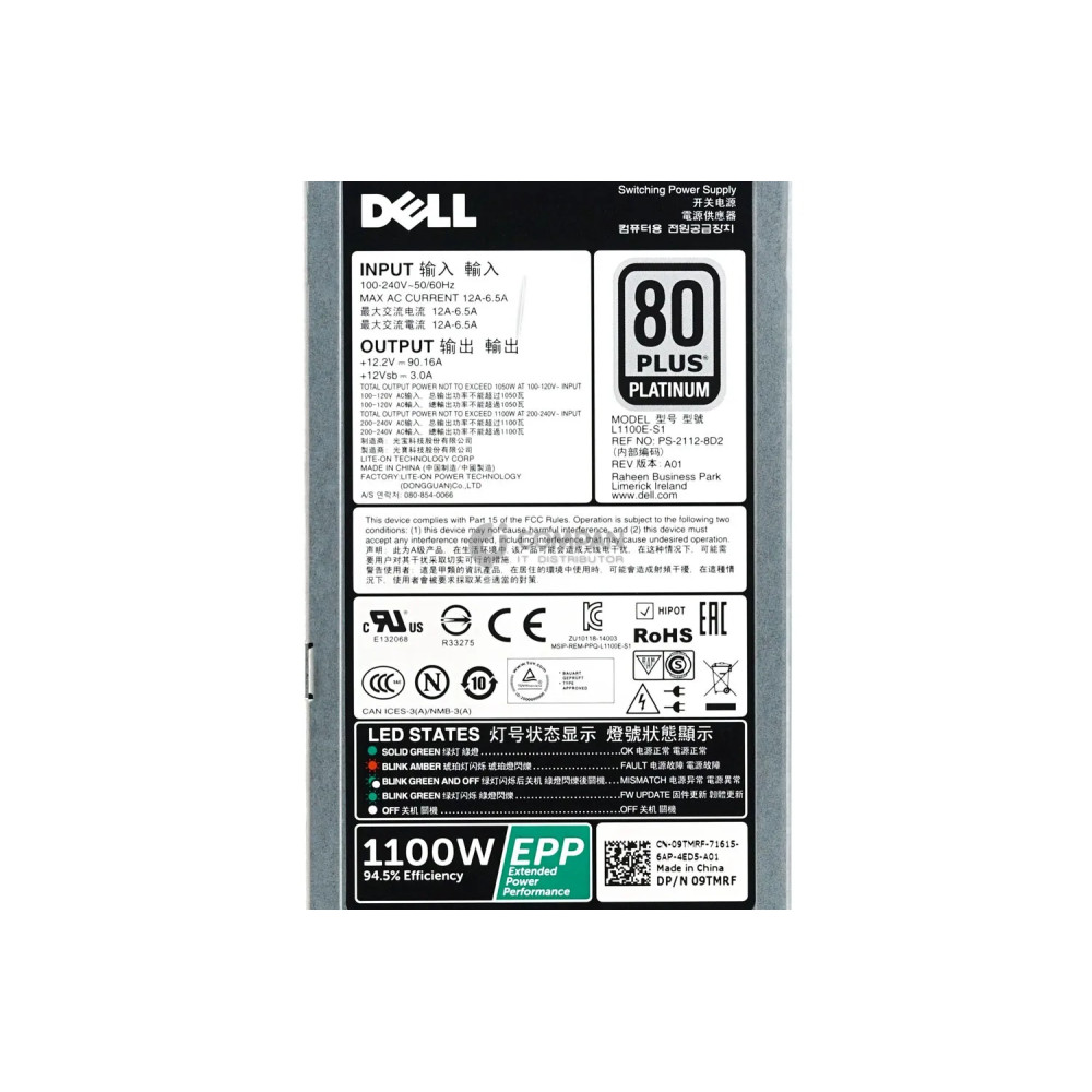 9TMRF DELL 1100W POWER SUPPLY 80+ PLATINUM FOR POWEREDGE R & T SERIES