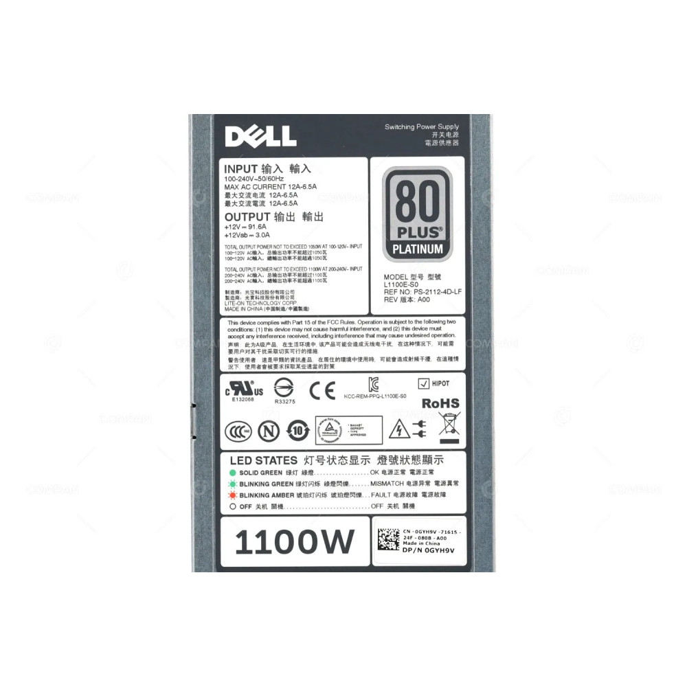 GYH9V DELL 1100W 80 PLUS PLATINUM POWER SUPPLY FOR R620 R720 R720XD R820 G12 0GYH9V, L1100E-S0, PS-2112-4D-LF