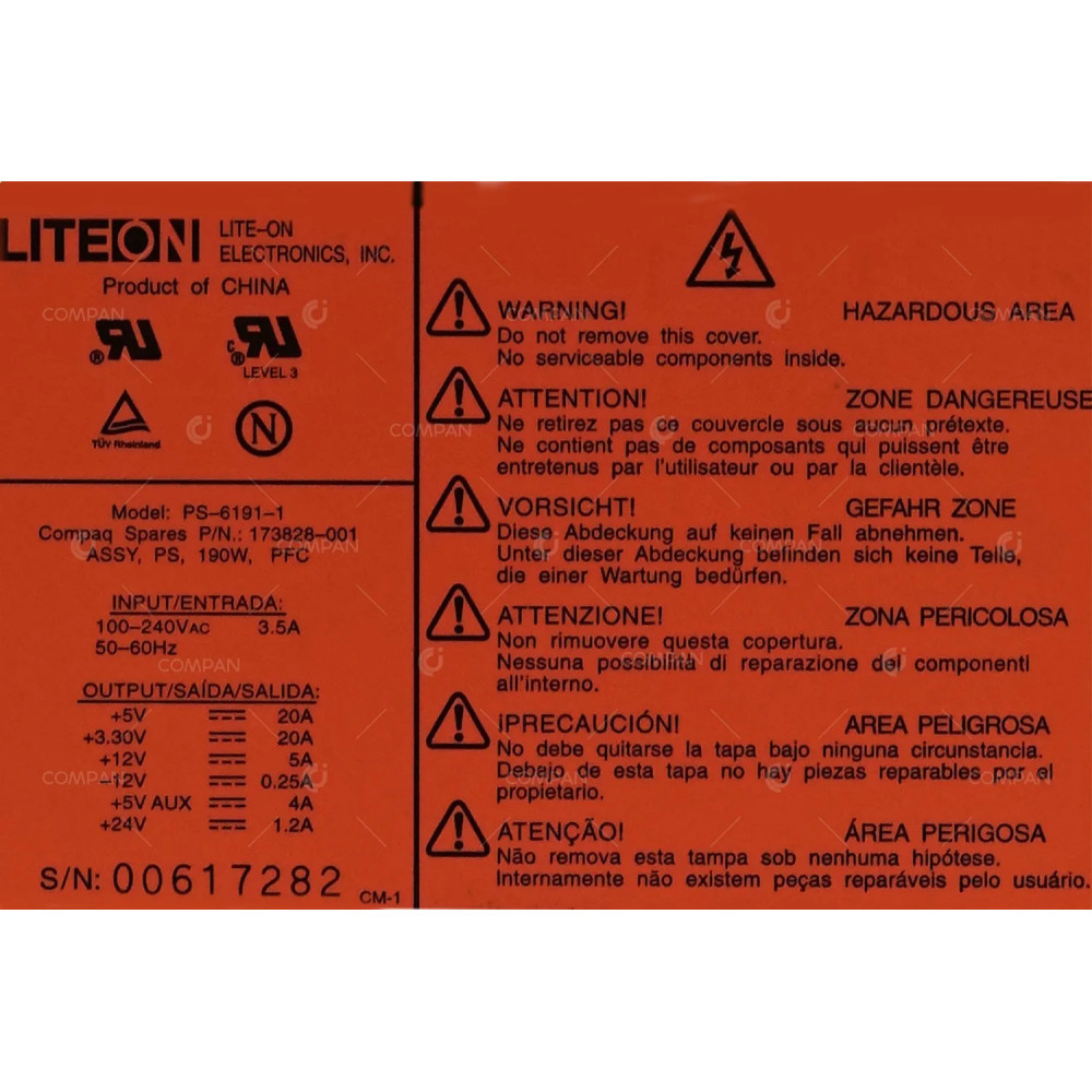 173828-001 HP 190W POWER SUPPLY FOR DL360 G1 PS-6191-1