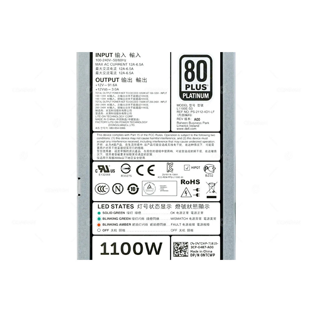NTCWP DELL 1100W POWER SUPPLY 80+ PLATINUM FOR POWEREDGE R520/R620/R720/R820