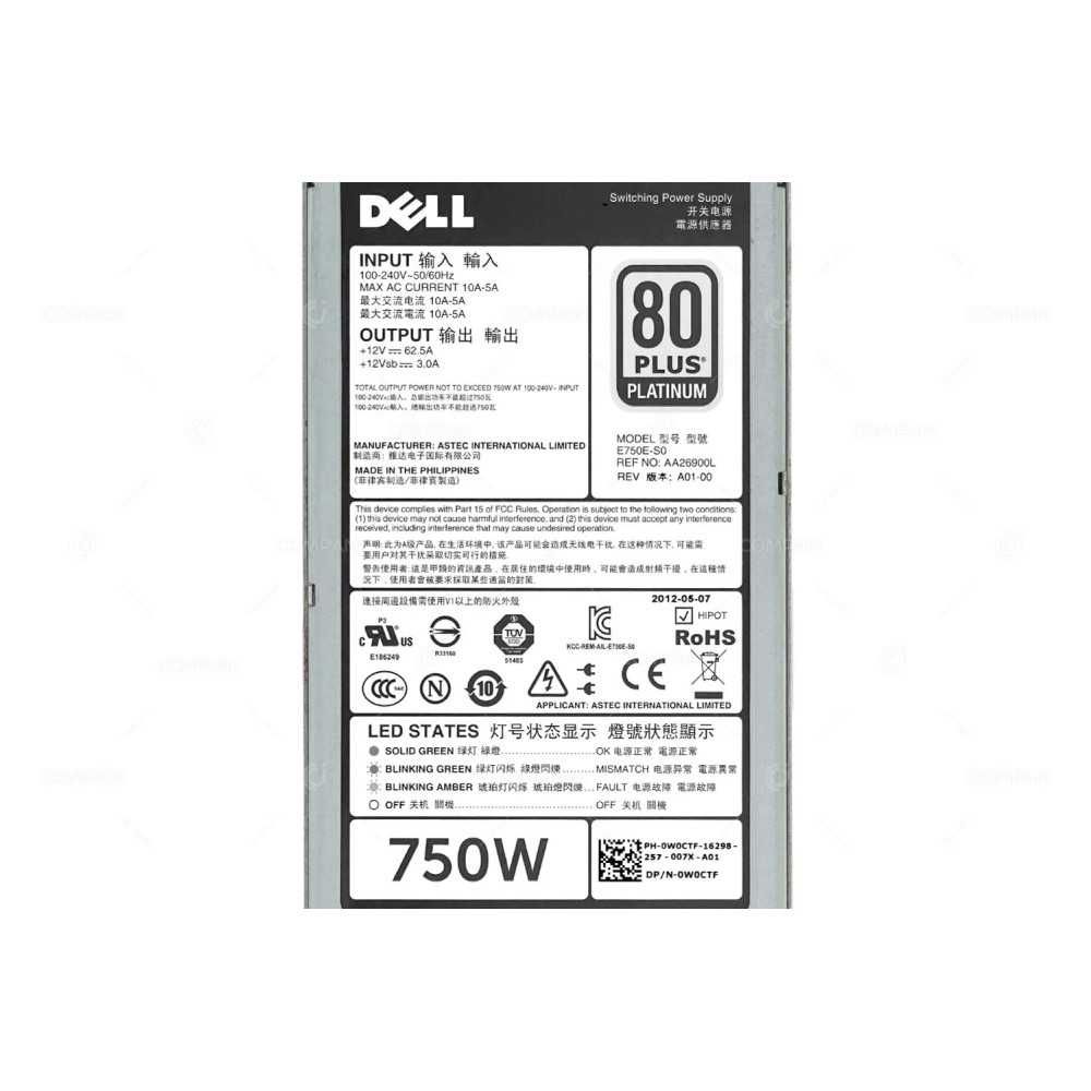 W0CTF DELL 750W PSU 80+ PLATINUM FOR R520/R620/R720/R720XD/T320/T420
