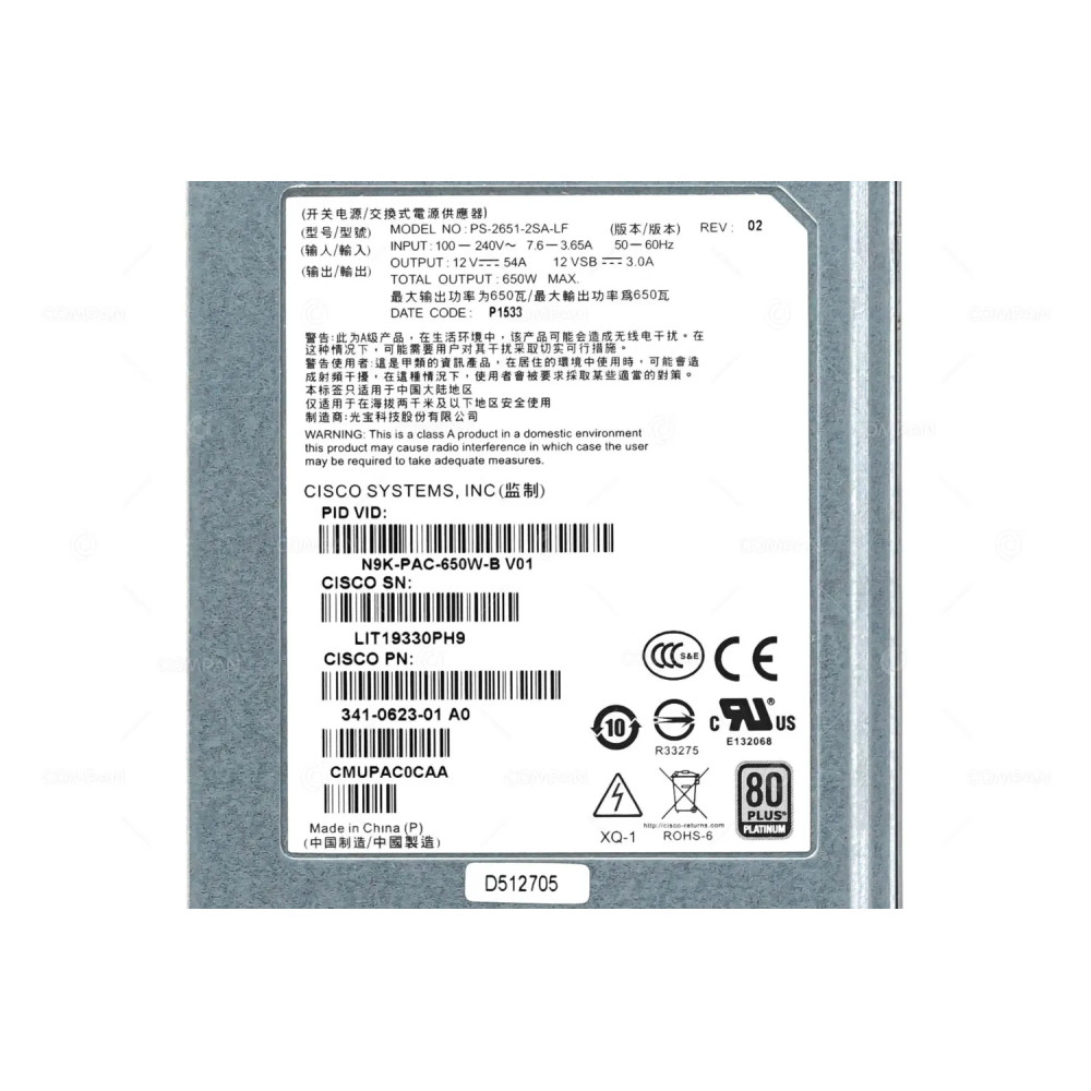 N9K-PAC-650W-B CISCO 650W PORT SIDE EXHAUST POWER SUPPLY FOR NEXUS 9300