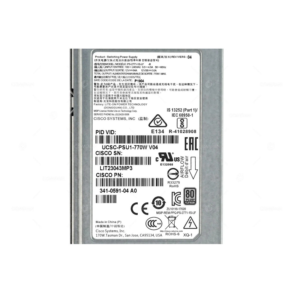 341-0591-04 CISCO 770W PSU 80+ PLATINUM HOT PLUG FOR UCS C220 230 240 M4