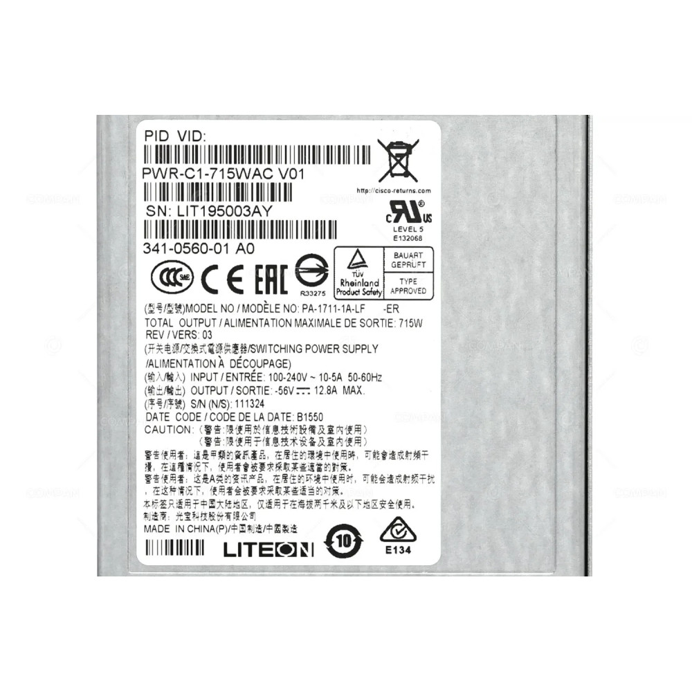 PWR-C1-715WAC CISCO 715W POWER SUPPLY FOR CATALYST C3850 341-0560-01, PA-1711-1A-LF